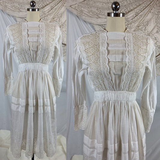 Antique 1910's Edwardian Rare Open Back Dress | Soft White Cotton Lawn with Eyelet & Venetian Lace | Size XS - Daggers & Dames
