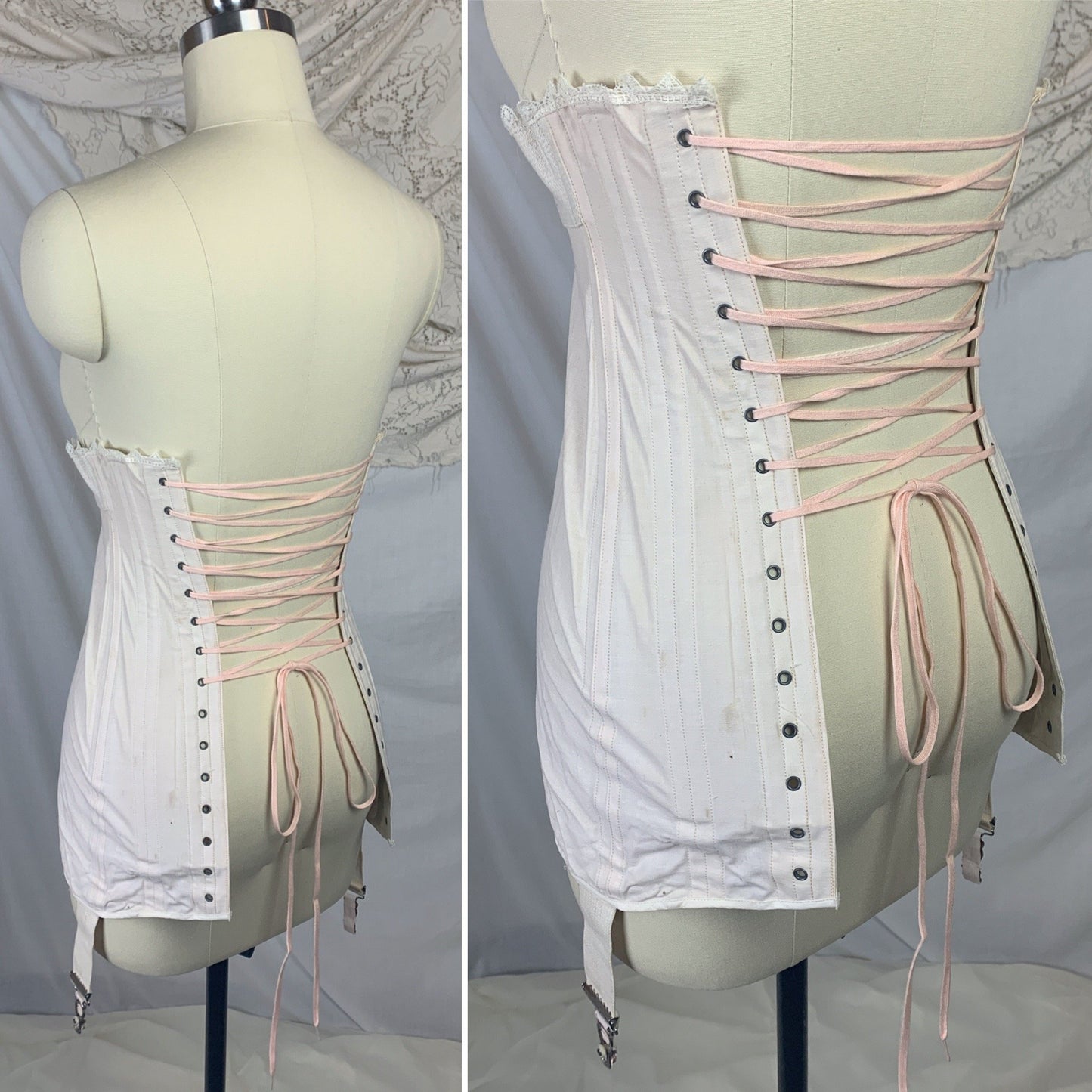 Antique 1910's Edwardian S-Bend Corset | Palest Pink Cotton with Steel Bones & White Lace | Kabo- The Live Model | Size 19 - 23 XXS - Daggers & Dames