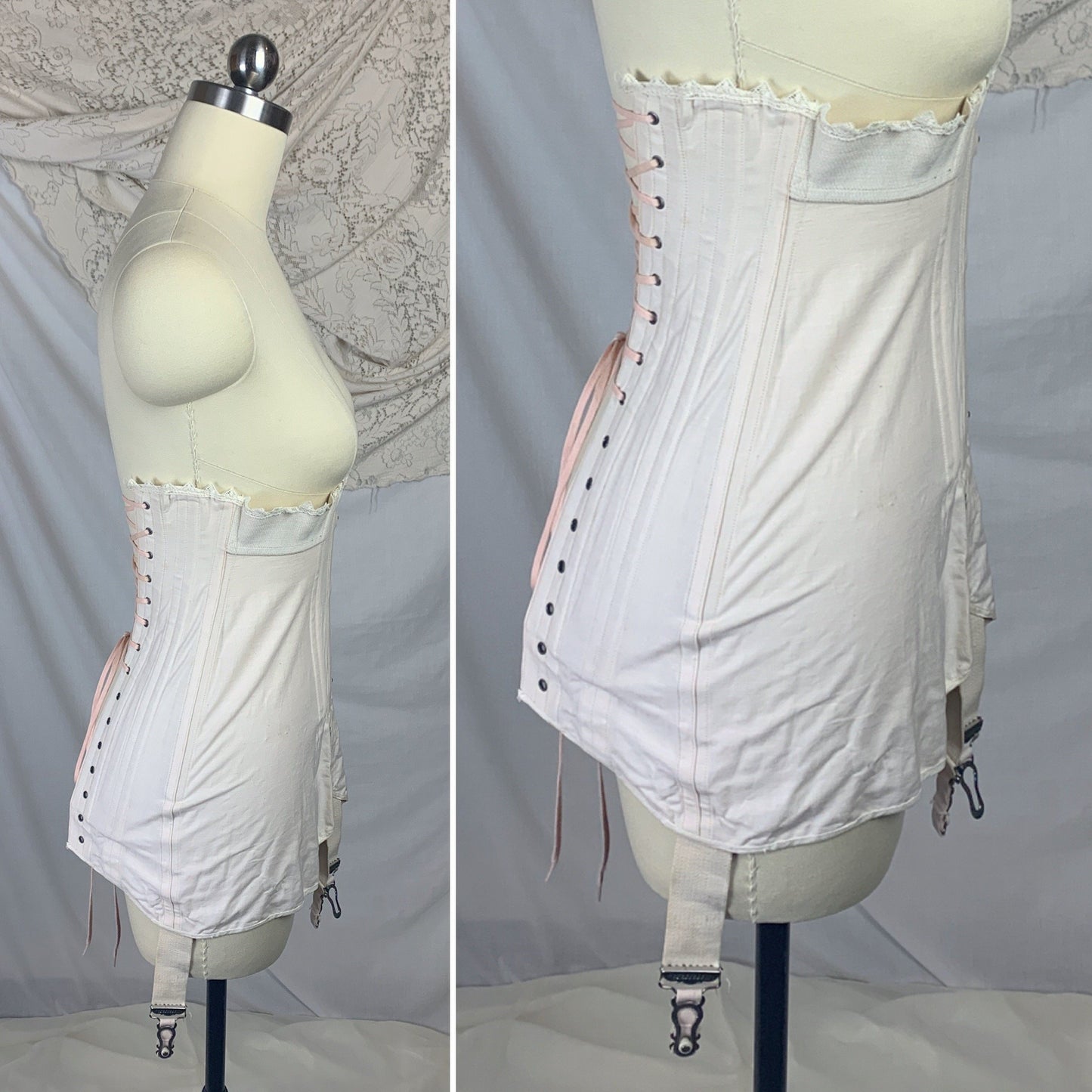 Antique 1910's Edwardian S-Bend Corset | Palest Pink Cotton with Steel Bones & White Lace | Kabo- The Live Model | Size 19 - 23 XXS - Daggers & Dames