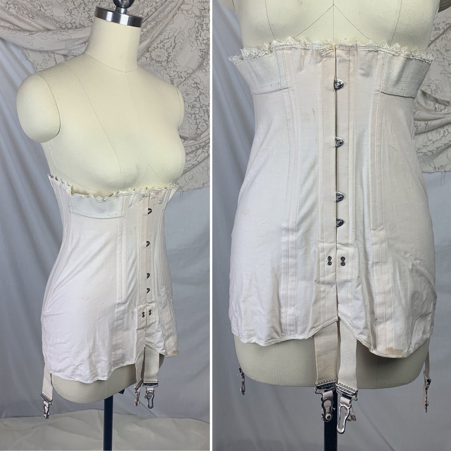 Antique 1910's Edwardian S-Bend Corset | Palest Pink Cotton with Steel Bones & White Lace | Kabo- The Live Model | Size 19 - 23 XXS - Daggers & Dames