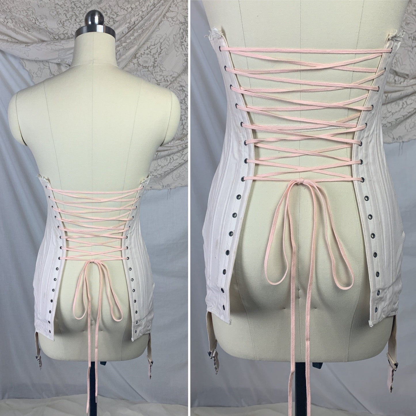 Antique 1910's Edwardian S-Bend Corset | Palest Pink Cotton with Steel Bones & White Lace | Kabo- The Live Model | Size 19 - 23 XXS - Daggers & Dames