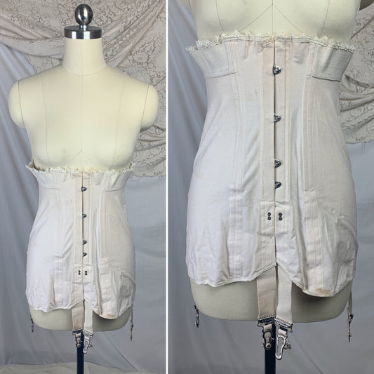 Antique 1910's Edwardian S-Bend Corset | Palest Pink Cotton with Steel Bones & White Lace | Kabo- The Live Model | Size 19 - 23 XXS - Daggers & Dames