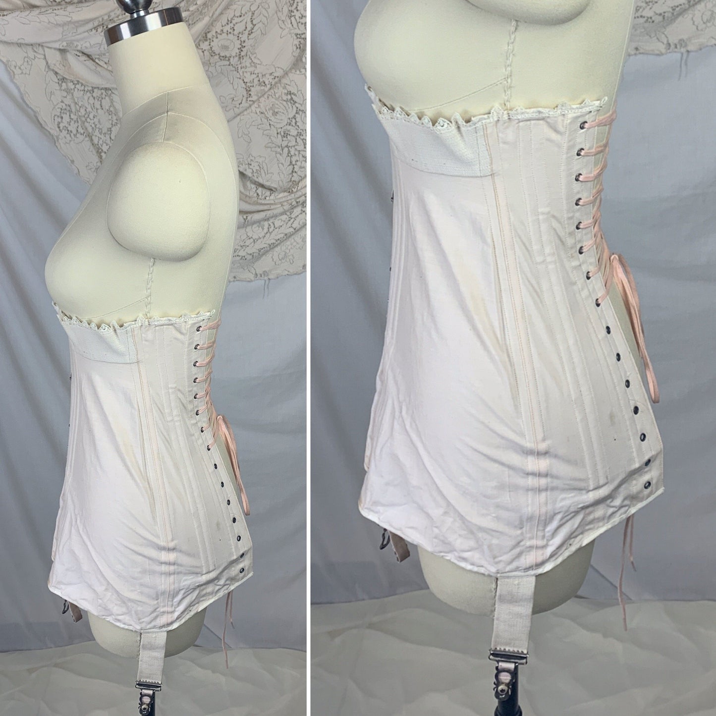 Antique 1910's Edwardian S-Bend Corset | Palest Pink Cotton with Steel Bones & White Lace | Kabo- The Live Model | Size 19 - 23 XXS - Daggers & Dames