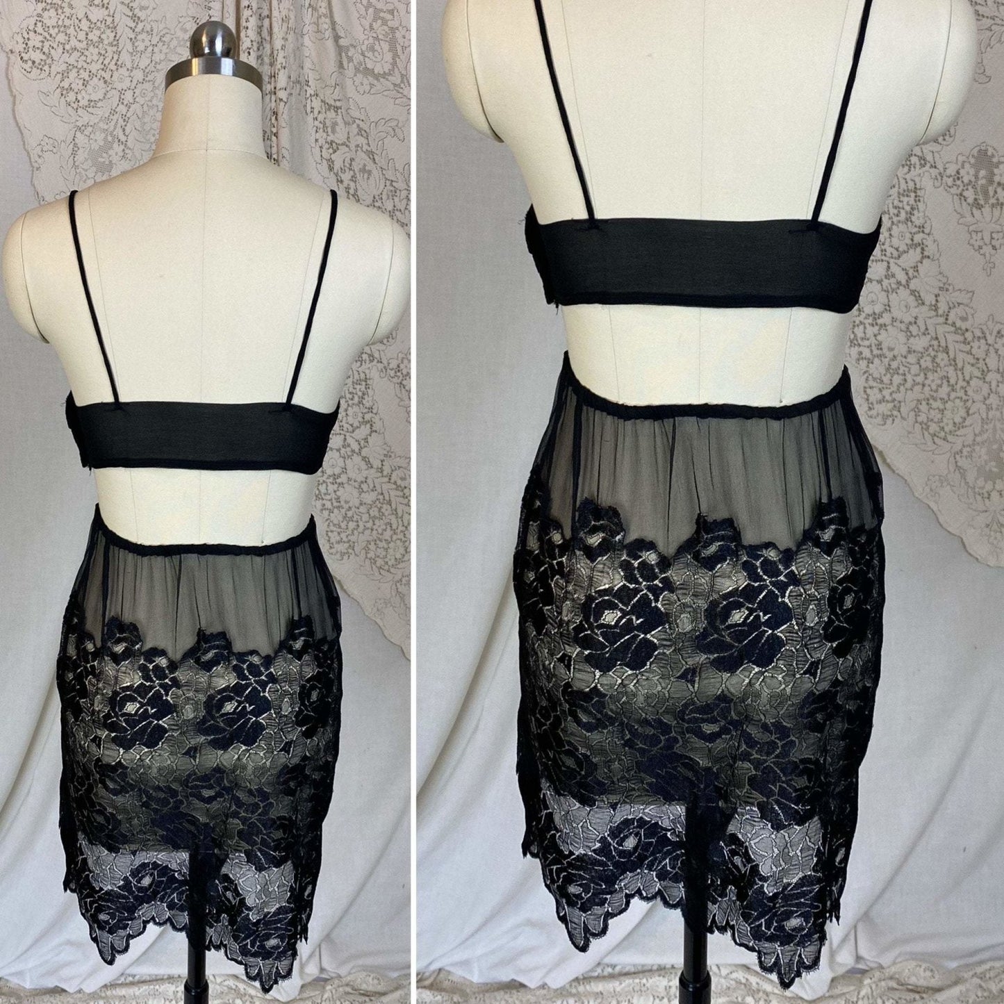 Antique 1920's Bralette & Tap Pants Lingerie Set | Black Silk Chiffon with Rose Chantilly Lace | Size XXS, XS | Never Worn - Daggers & Dames