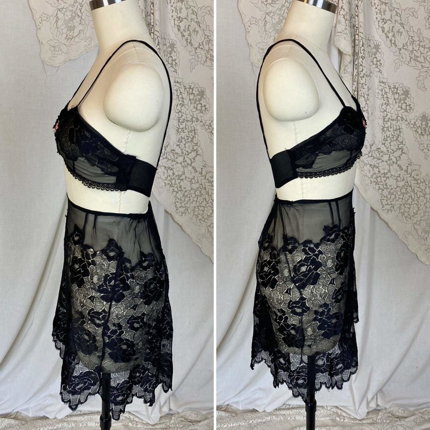 Antique 1920's Bralette & Tap Pants Lingerie Set | Black Silk Chiffon with Rose Chantilly Lace | Size XXS, XS | Never Worn - Daggers & Dames