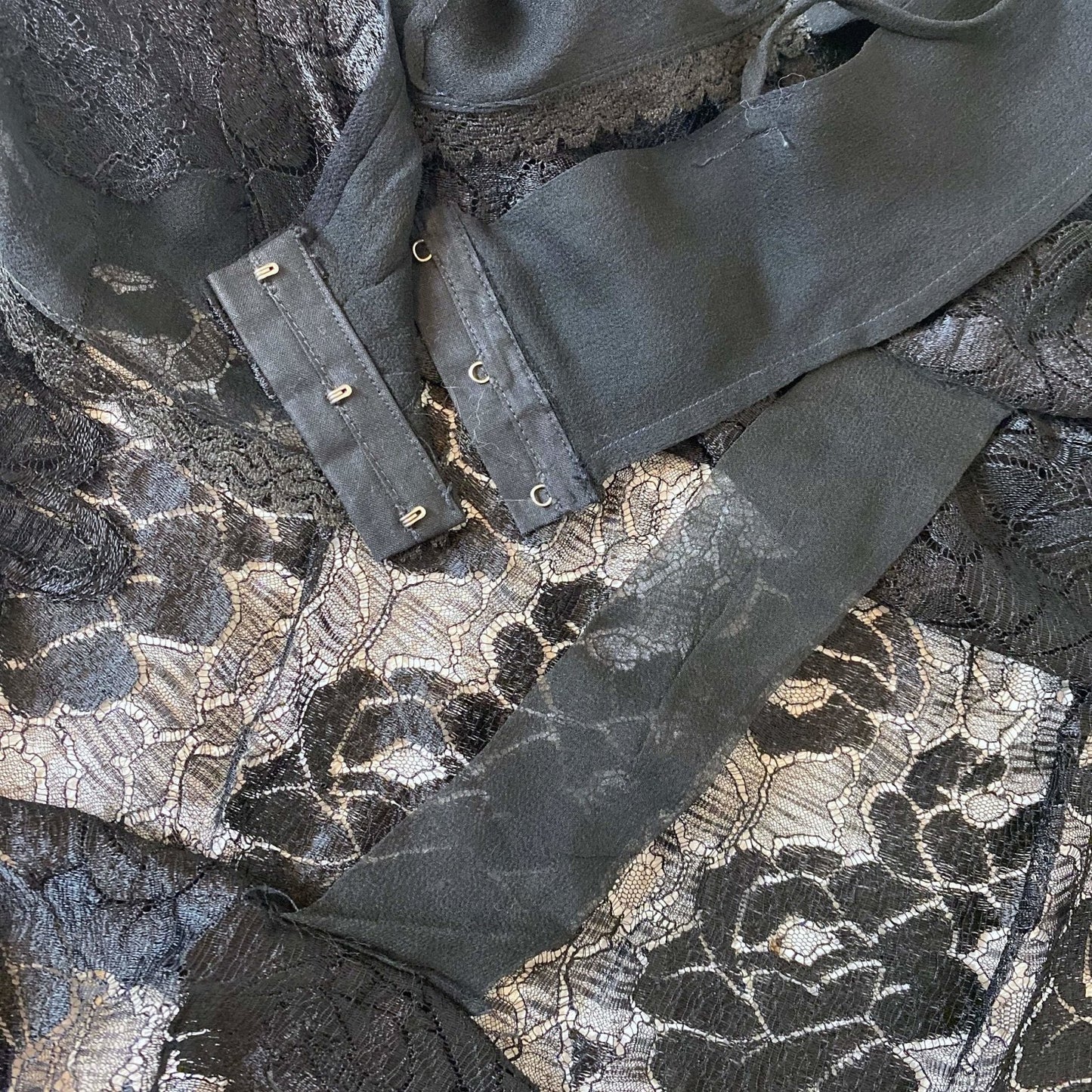 Antique 1920's Bralette & Tap Pants Lingerie Set | Black Silk Chiffon with Rose Chantilly Lace | Size XXS, XS | Never Worn - Daggers & Dames