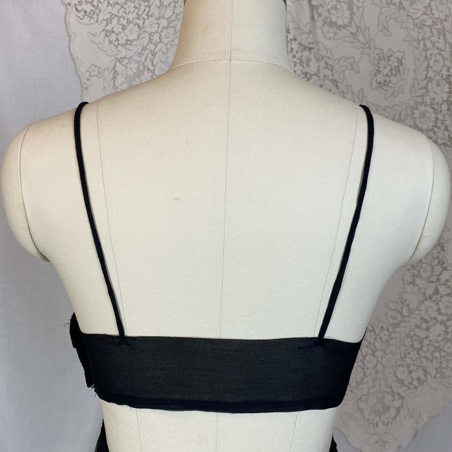 Antique 1920's Bralette & Tap Pants Lingerie Set | Black Silk Chiffon with Rose Chantilly Lace | Size XXS, XS | Never Worn - Daggers & Dames