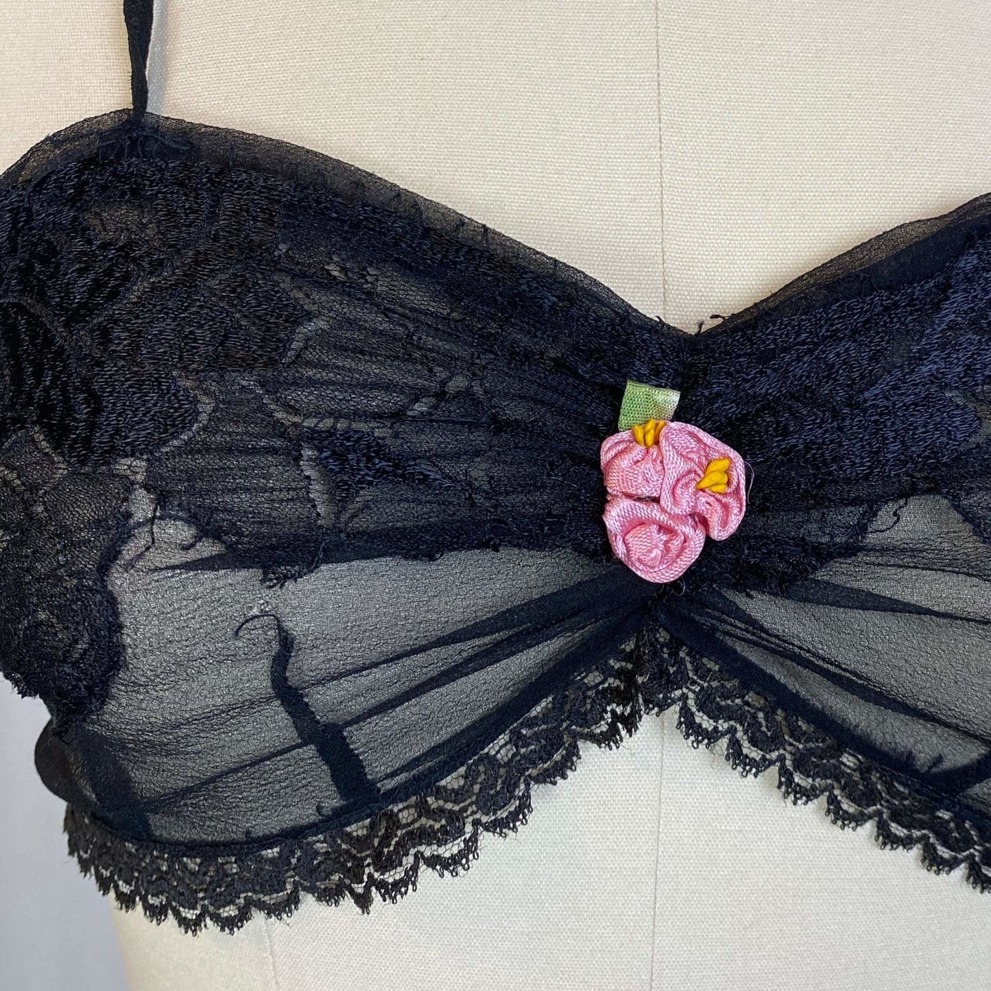 Antique 1920's Bralette & Tap Pants Lingerie Set | Black Silk Chiffon with Rose Chantilly Lace | Size XXS, XS | Never Worn - Daggers & Dames