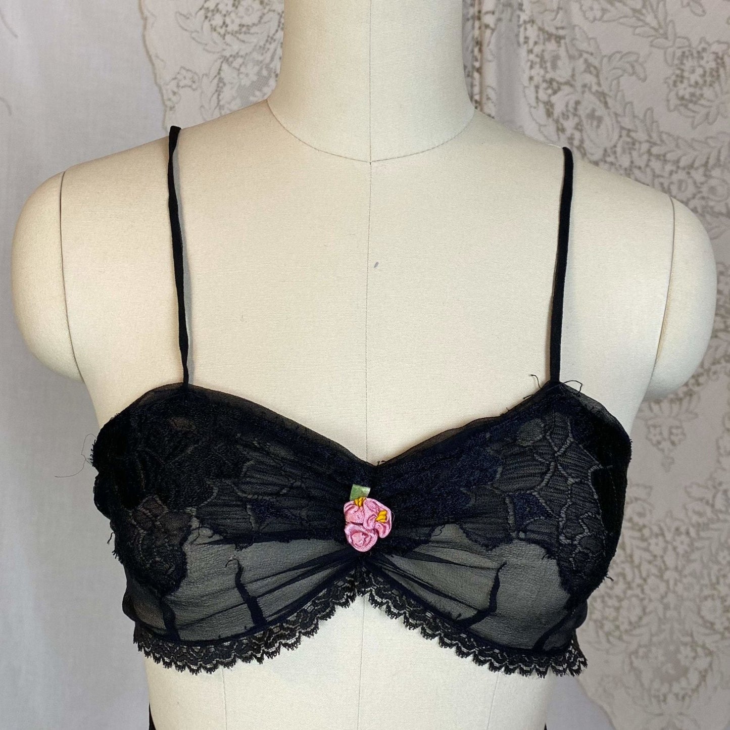 Antique 1920's Bralette & Tap Pants Lingerie Set | Black Silk Chiffon with Rose Chantilly Lace | Size XXS, XS | Never Worn - Daggers & Dames
