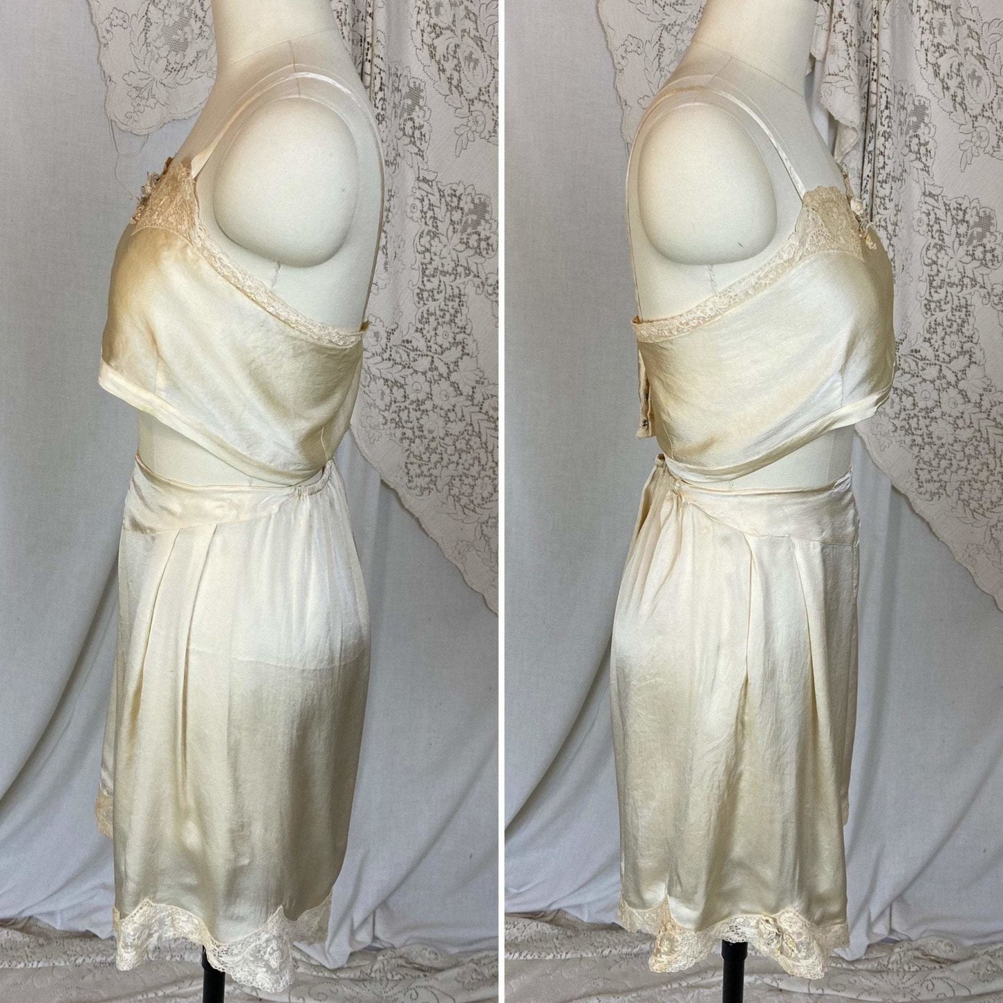 Antique 1920's Bralette & Tap Pants Set | Creamy Champagne Silk with floral Alençon Lace | Size M - Daggers & Dames