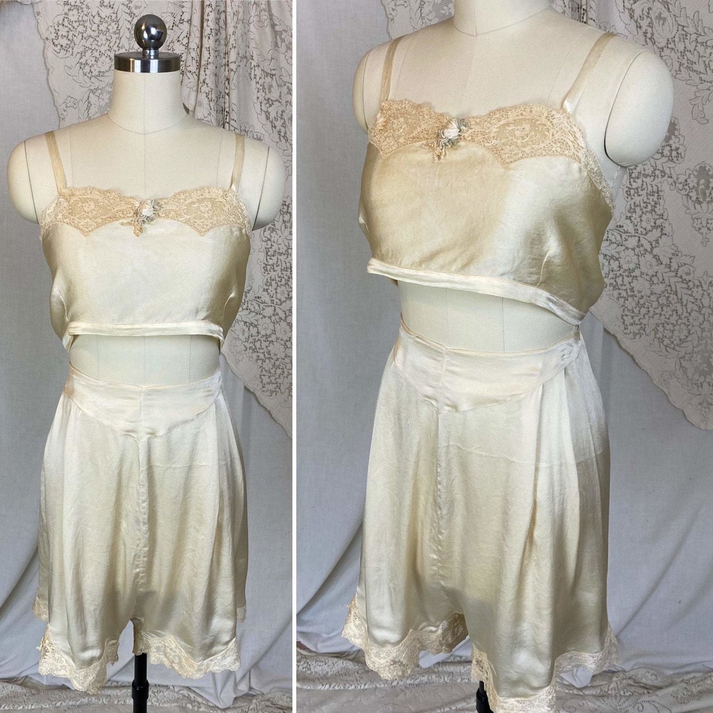Antique 1920's Bralette & Tap Pants Set | Creamy Champagne Silk with floral Alençon Lace | Size M - Daggers & Dames