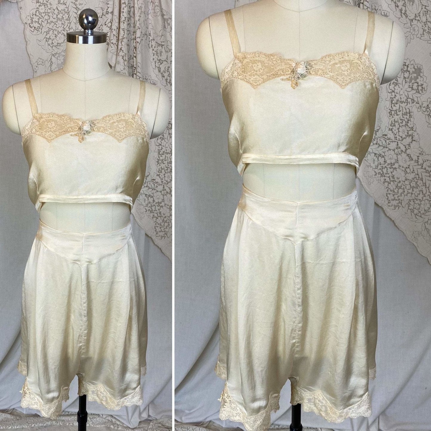 Antique 1920's Bralette & Tap Pants Set | Creamy Champagne Silk with floral Alençon Lace | Size M - Daggers & Dames