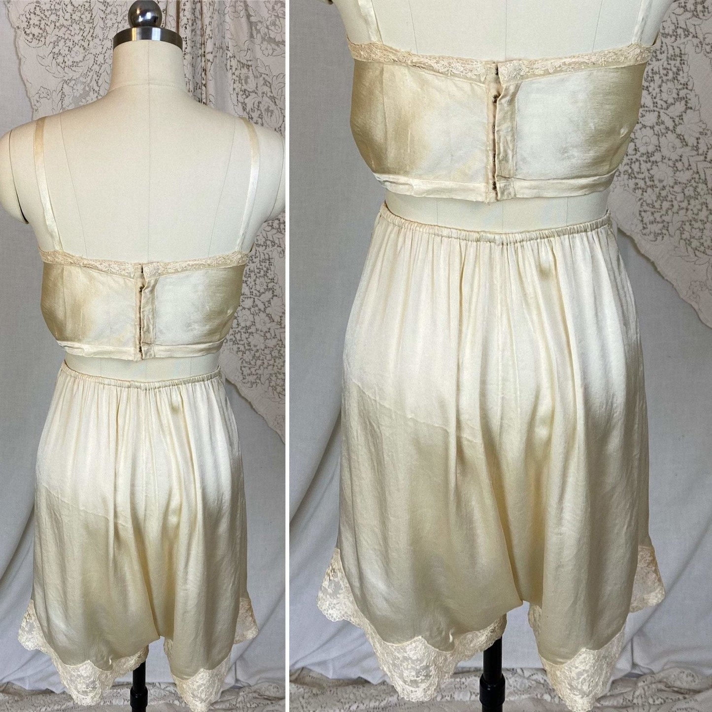 Antique 1920's Bralette & Tap Pants Set | Creamy Champagne Silk with floral Alençon Lace | Size M - Daggers & Dames
