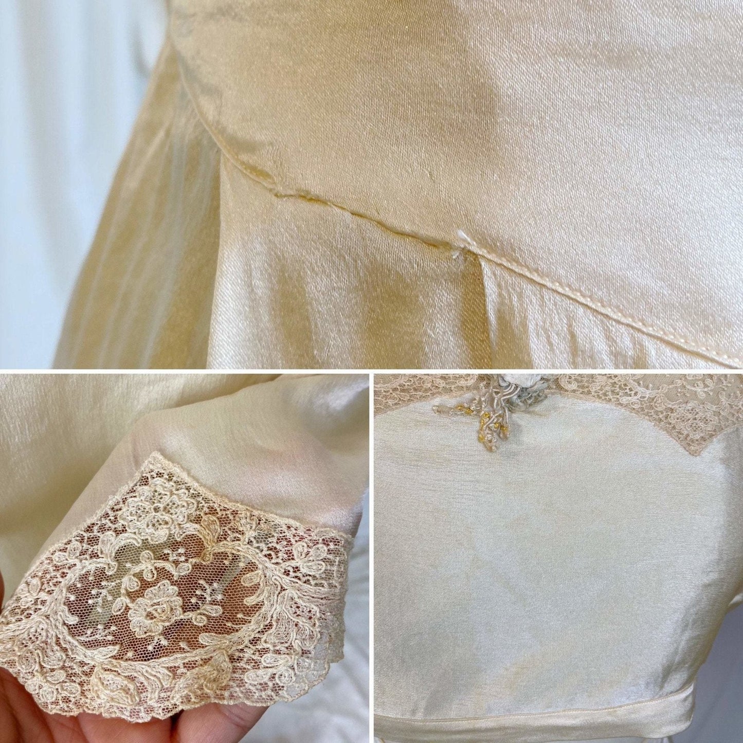 Antique 1920's Bralette & Tap Pants Set | Creamy Champagne Silk with floral Alençon Lace | Size M - Daggers & Dames