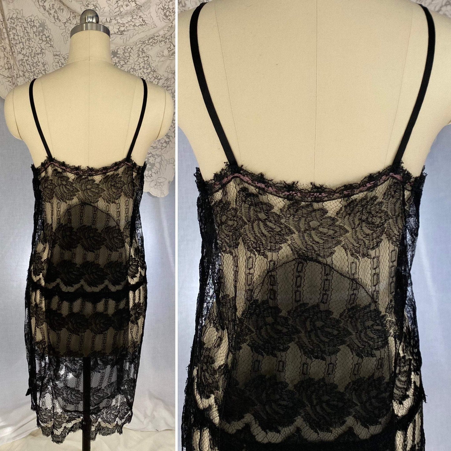Antique 1920's Chemise | Black Rose Chantilly Lace with Silk Chiffon & Rose Pink Silk Ribbon | Size XS, S - Daggers & Dames