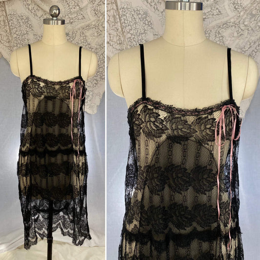 Antique 1920's Chemise | Black Rose Chantilly Lace with Silk Chiffon & Rose Pink Silk Ribbon | Size XS, S - Daggers & Dames