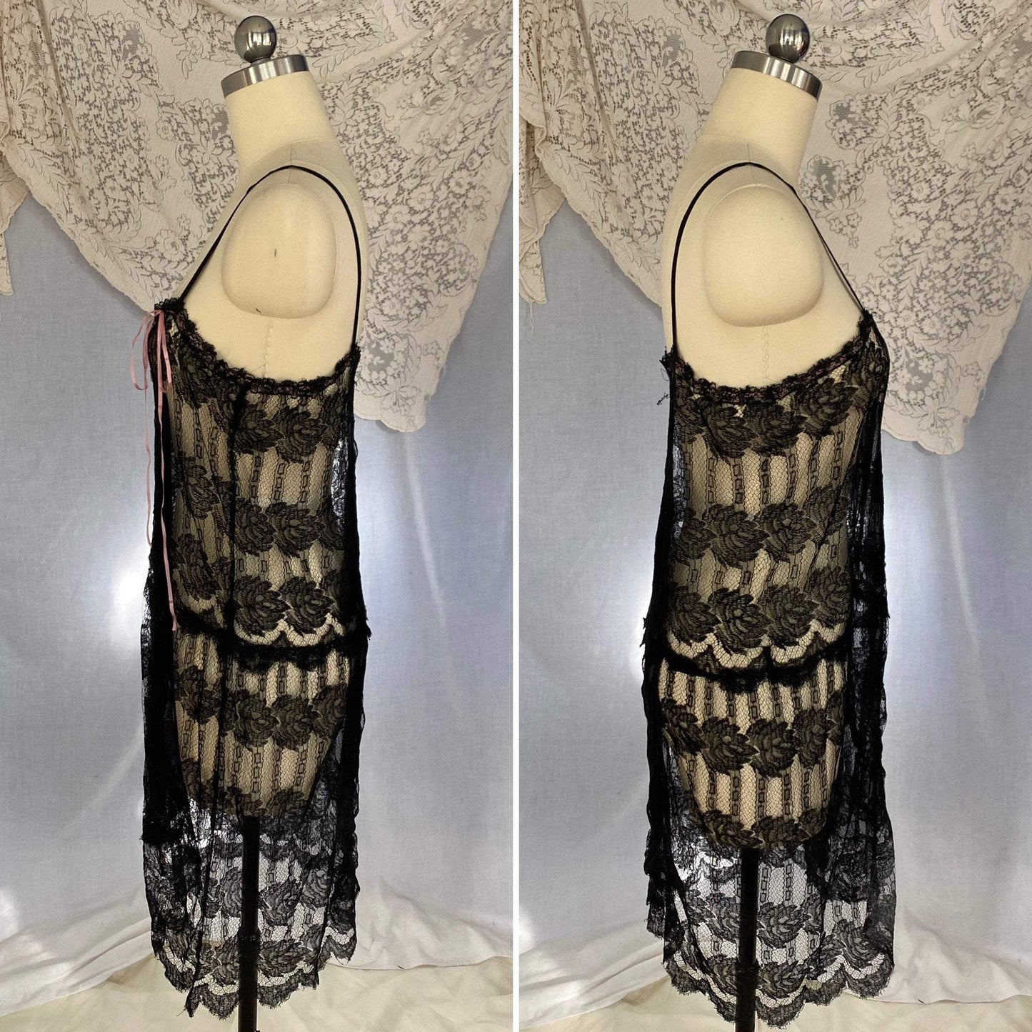 Antique 1920's Chemise | Black Rose Chantilly Lace with Silk Chiffon & Rose Pink Silk Ribbon | Size XS, S - Daggers & Dames