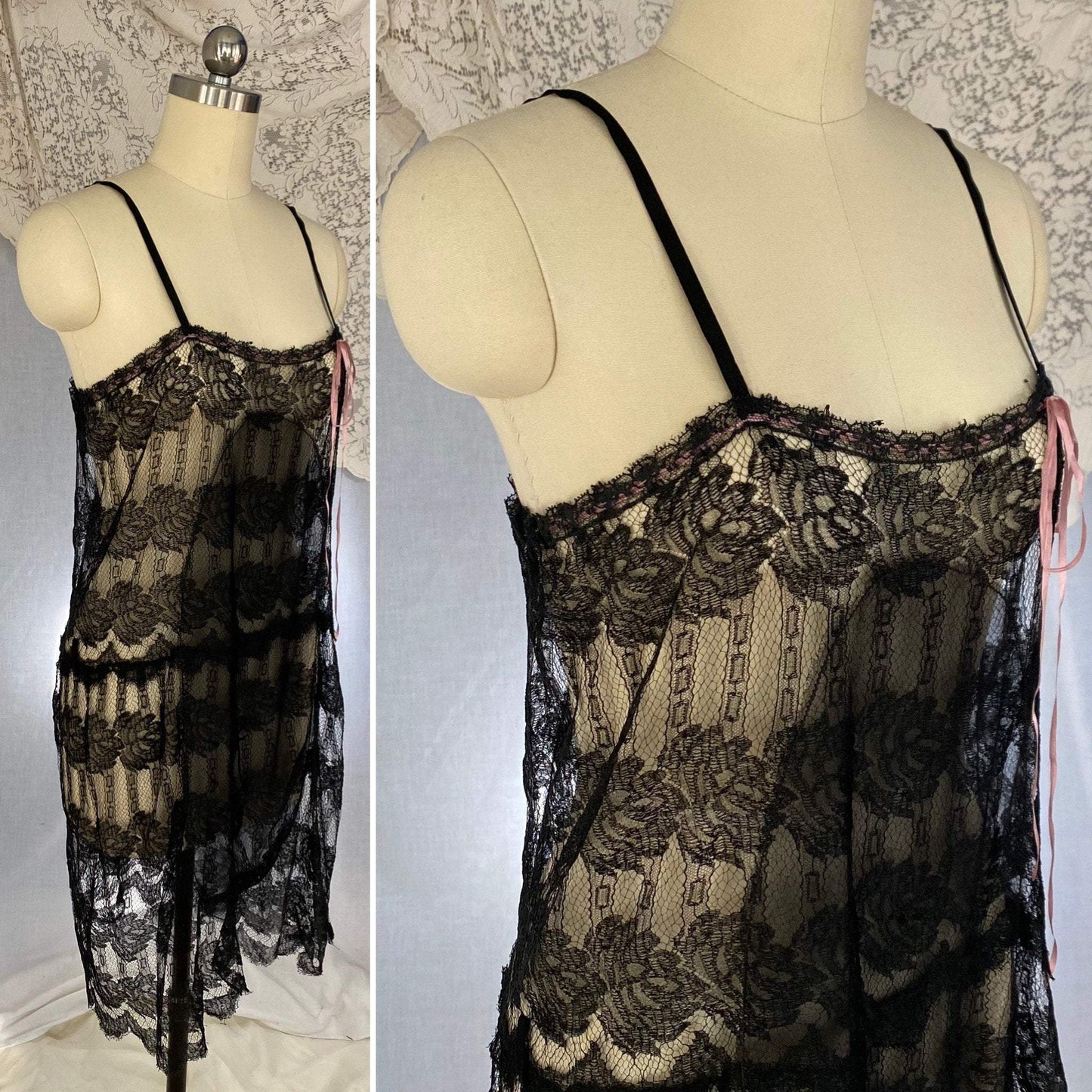 Antique 1920's Chemise | Black Rose Chantilly Lace with Silk Chiffon & Rose Pink Silk Ribbon | Size XS, S - Daggers & Dames