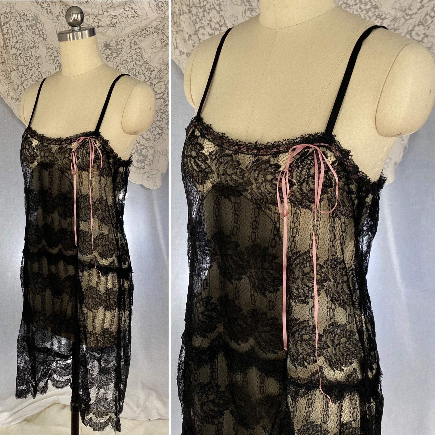 Antique 1920's Chemise | Black Rose Chantilly Lace with Silk Chiffon & Rose Pink Silk Ribbon | Size XS, S - Daggers & Dames