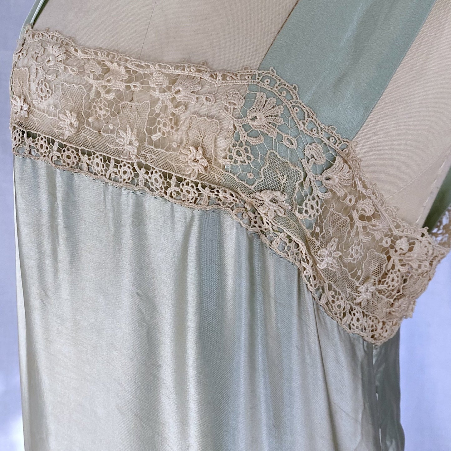 Antique 1920's Chemise | Mint Green Satin with Ivory Irish Lace | Size XS, S - Daggers & Dames