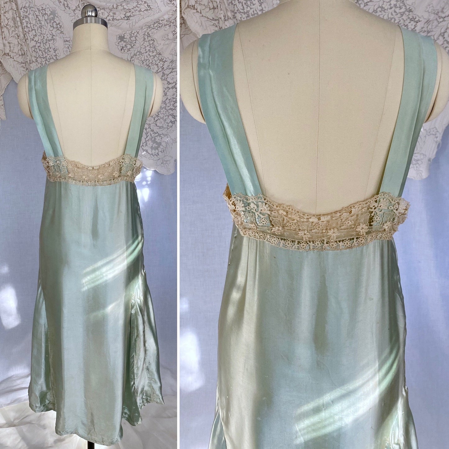 Antique 1920's Chemise | Mint Green Satin with Ivory Irish Lace | Size XS, S - Daggers & Dames