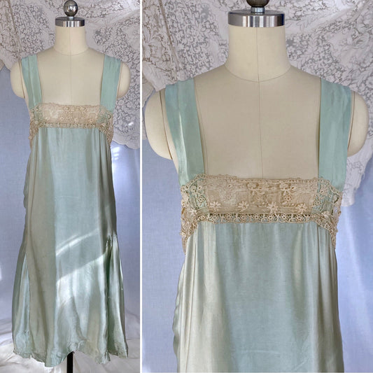 Antique 1920's Chemise | Mint Green Satin with Ivory Irish Lace | Size XS, S - Daggers & Dames