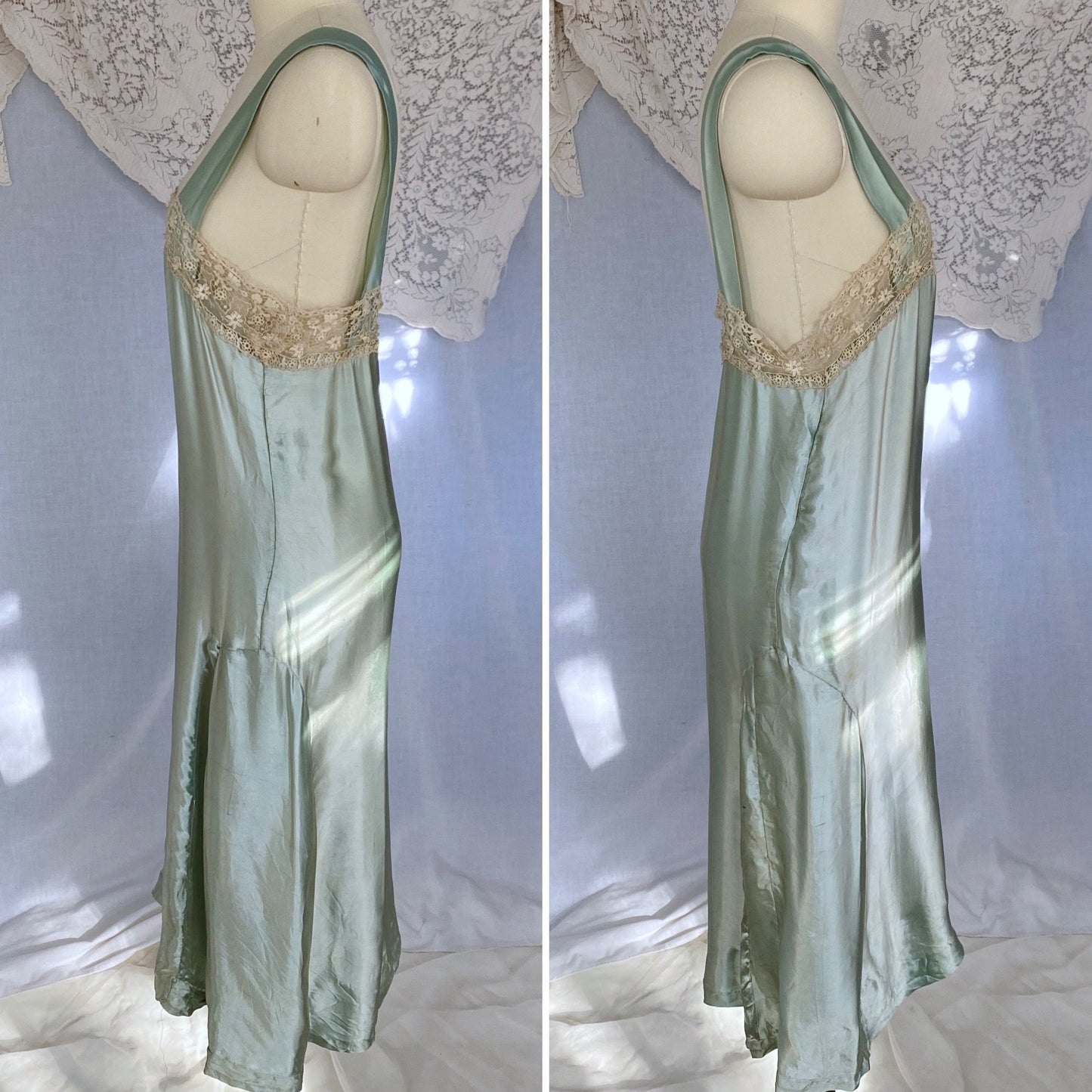 Antique 1920's Chemise | Mint Green Satin with Ivory Irish Lace | Size XS, S - Daggers & Dames