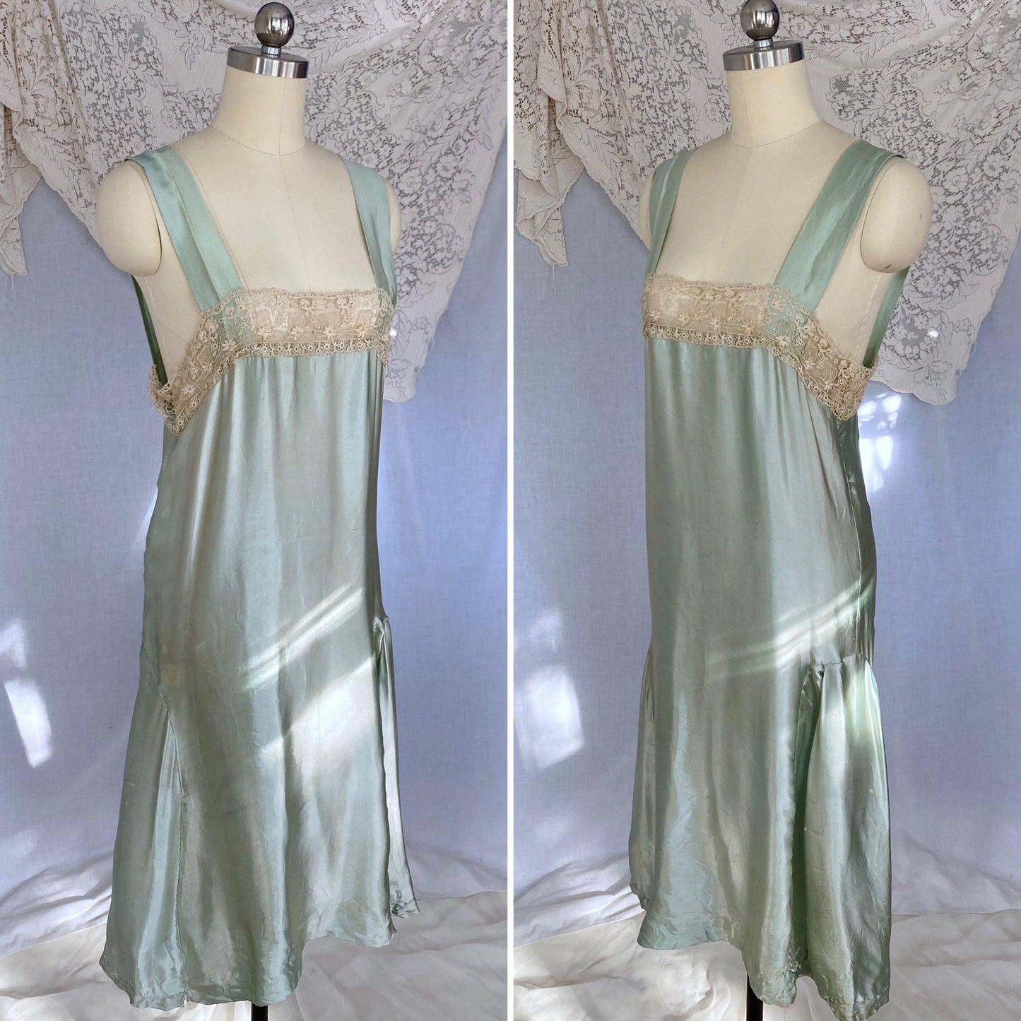 Antique 1920's Chemise | Mint Green Satin with Ivory Irish Lace | Size XS, S - Daggers & Dames