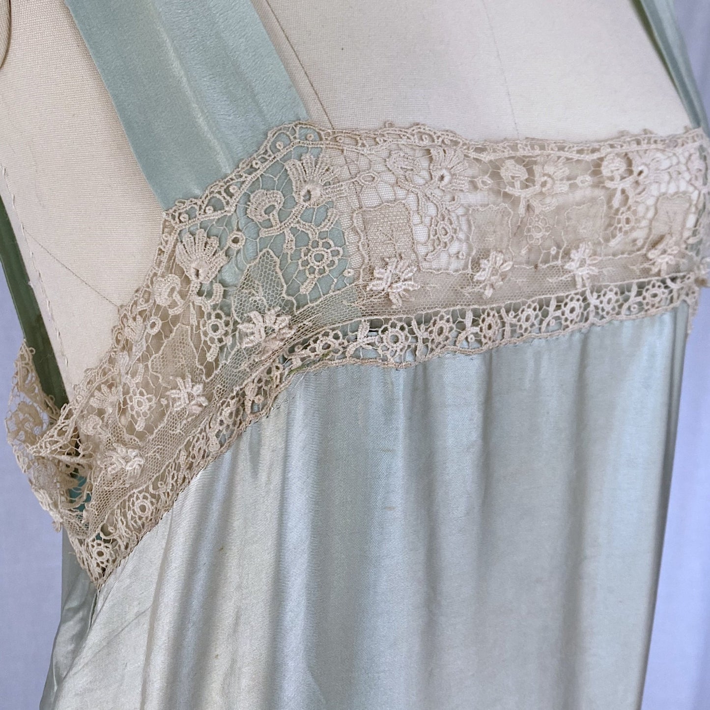 Antique 1920's Chemise | Mint Green Satin with Ivory Irish Lace | Size XS, S - Daggers & Dames