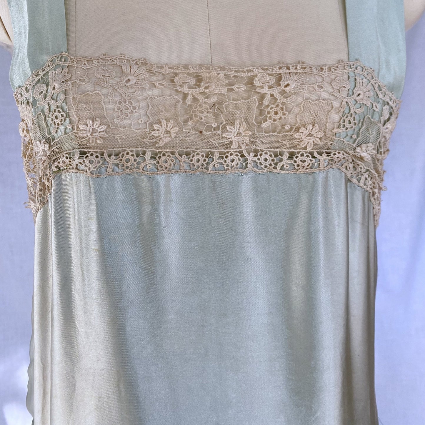 Antique 1920's Chemise | Mint Green Satin with Ivory Irish Lace | Size XS, S - Daggers & Dames
