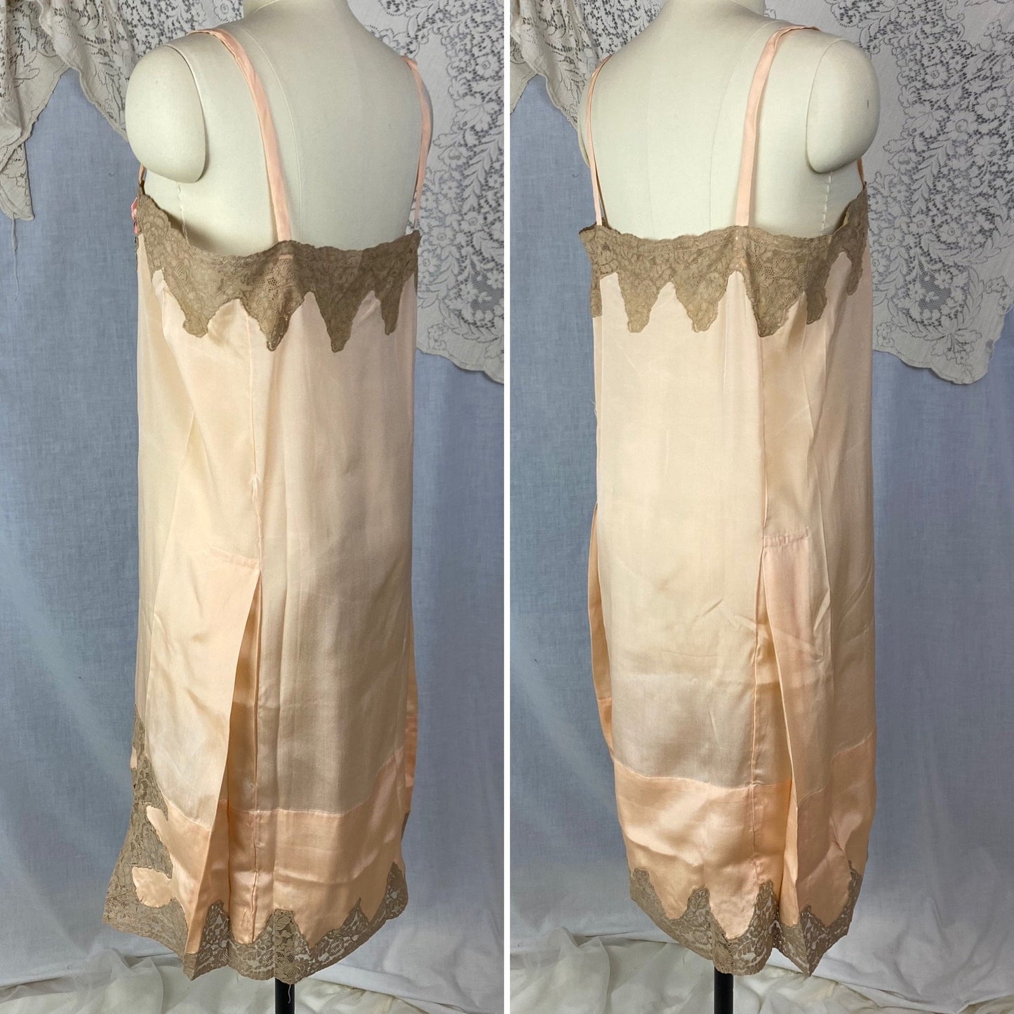 Antique 1920's Chemise | Peachy Rose Pink Silk Charmeuse with Mocha Lace & Rosette | Size S, M | New Old Stock - Daggers & Dames