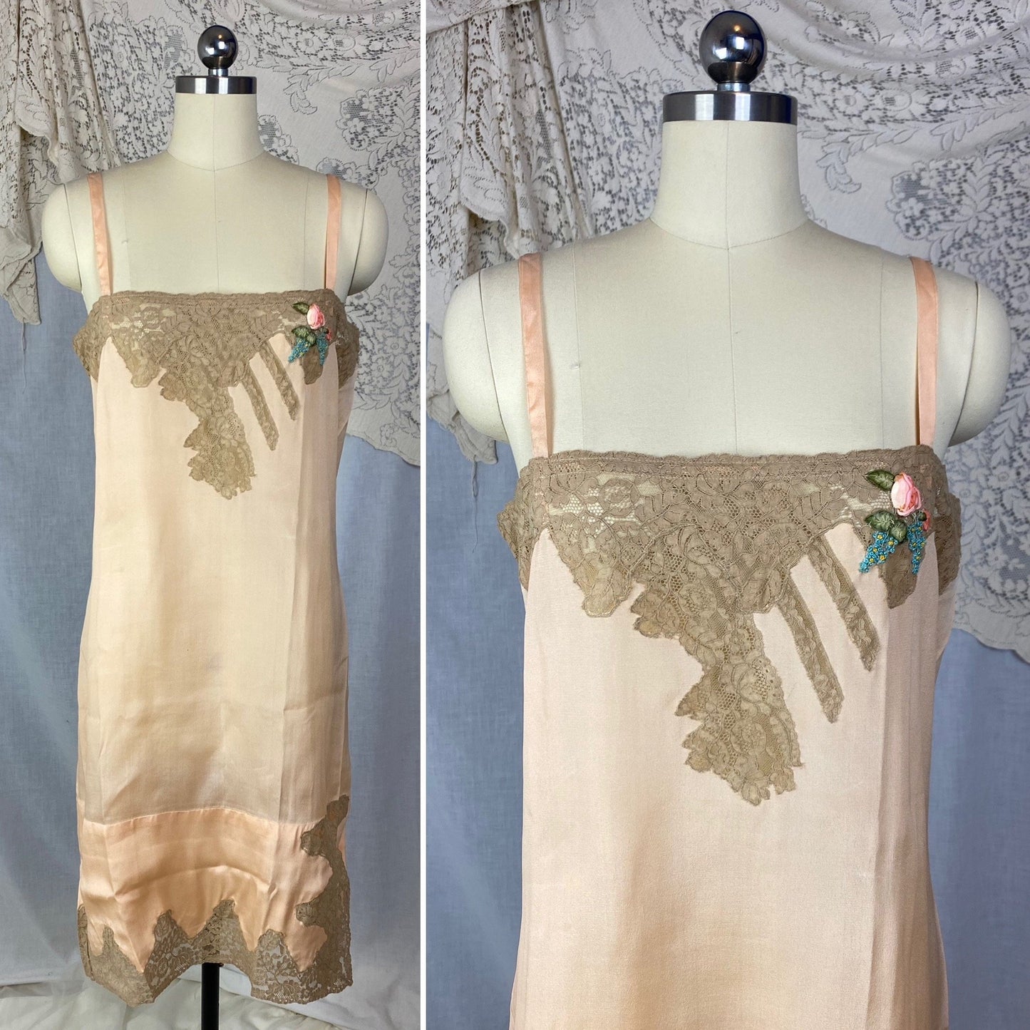 Antique 1920's Chemise | Peachy Rose Pink Silk Charmeuse with Mocha Lace & Rosette | Size S, M | New Old Stock - Daggers & Dames