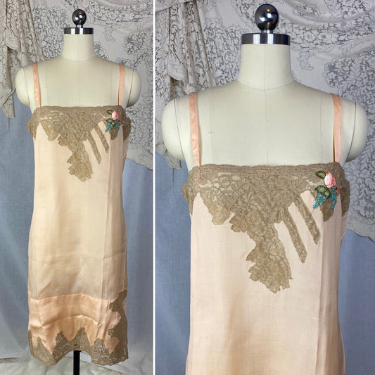 Antique 1920's Chemise | Peachy Rose Pink Silk Charmeuse with Mocha Lace & Rosette | Size S, M | New Old Stock - Daggers & Dames