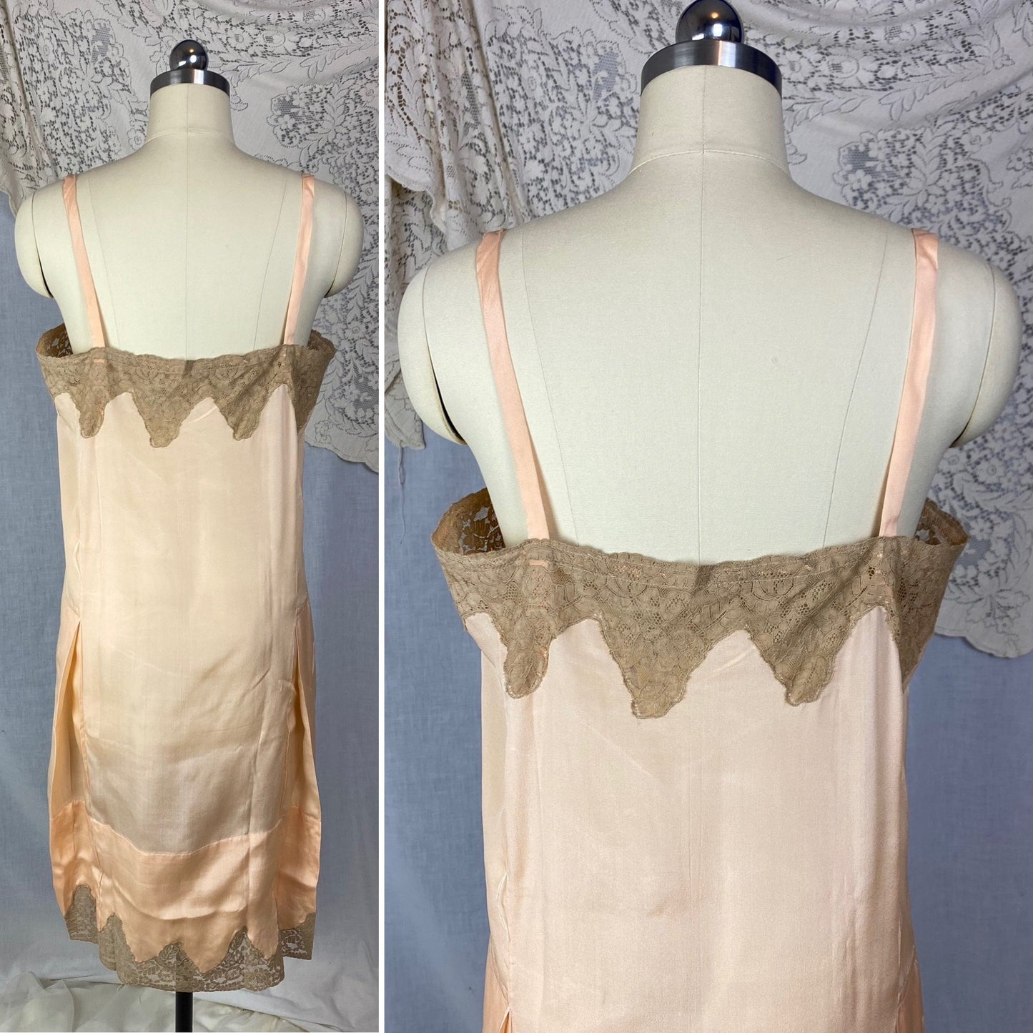 Antique 1920's Chemise | Peachy Rose Pink Silk Charmeuse with Mocha Lace & Rosette | Size S, M | New Old Stock - Daggers & Dames