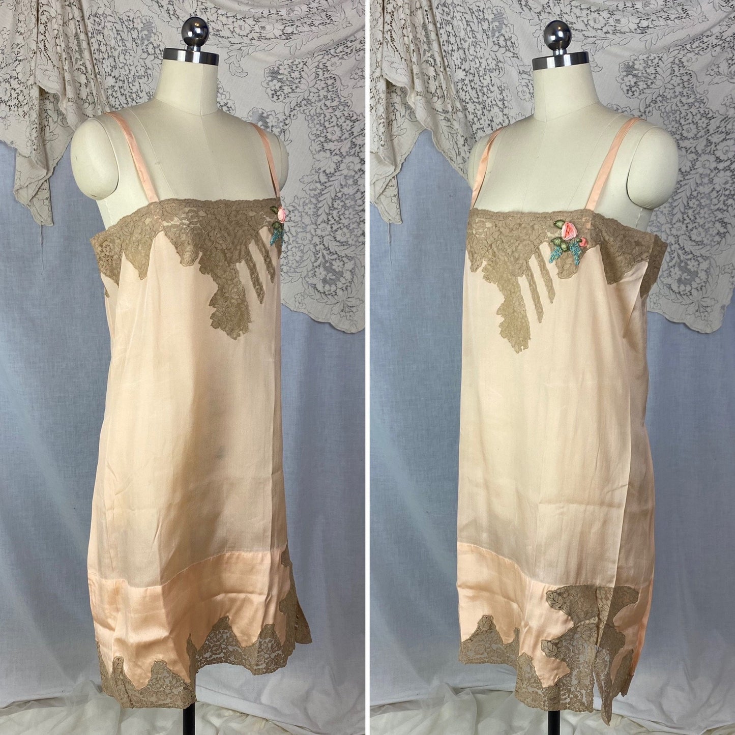 Antique 1920's Chemise | Peachy Rose Pink Silk Charmeuse with Mocha Lace & Rosette | Size S, M | New Old Stock - Daggers & Dames