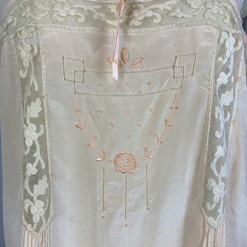 Antique 1920's Chemise | Size SM, MED | Palest Peach Silk Crepe with Tambour Embroidered Lace - Daggers & Dames
