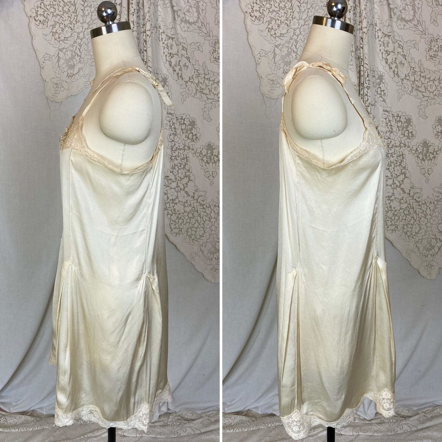 Antique 1920's Chemise Slip | Creamy Champagne Silk with Floral Alençon Lace | Size S, M, LG - Daggers & Dames