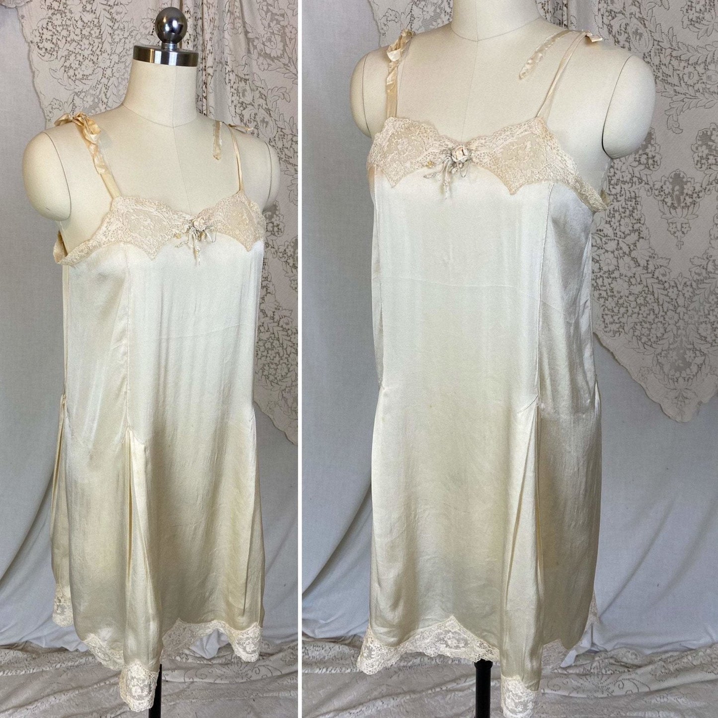 Antique 1920's Chemise Slip | Creamy Champagne Silk with Floral Alençon Lace | Size S, M, LG - Daggers & Dames