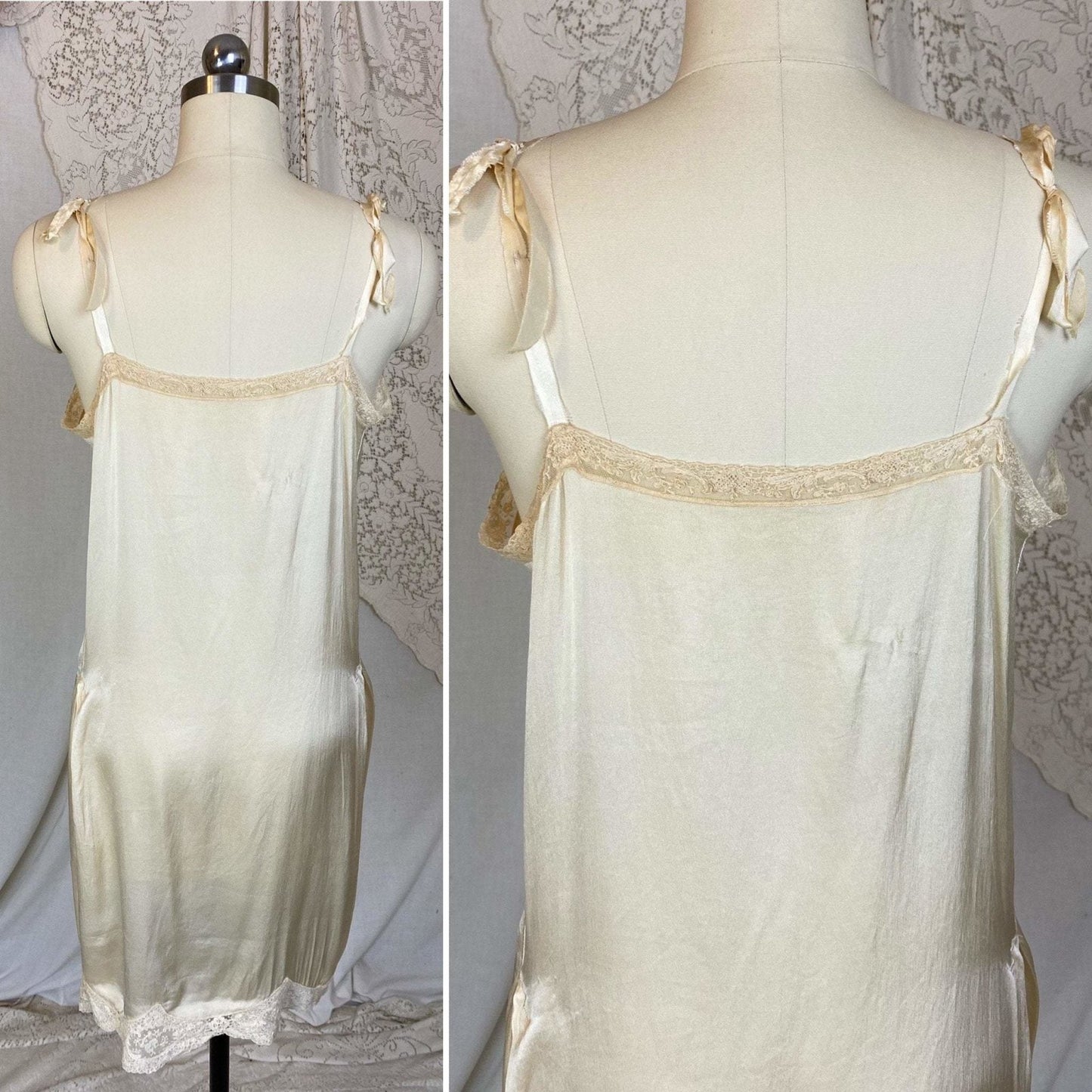Antique 1920's Chemise Slip | Creamy Champagne Silk with Floral Alençon Lace | Size S, M, LG - Daggers & Dames