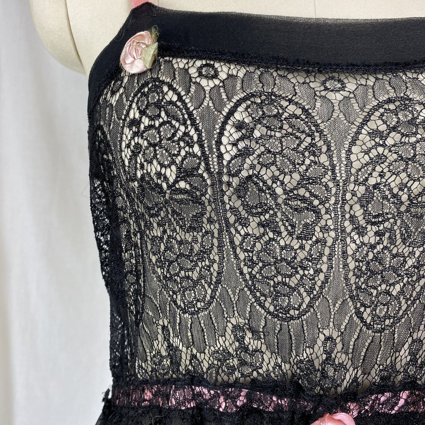 Antique 1920's Chemise Slip | Sheer Black Silk Chiffon with Chantilly Lace & Pink Ribbon | Size XS, S - Daggers & Dames