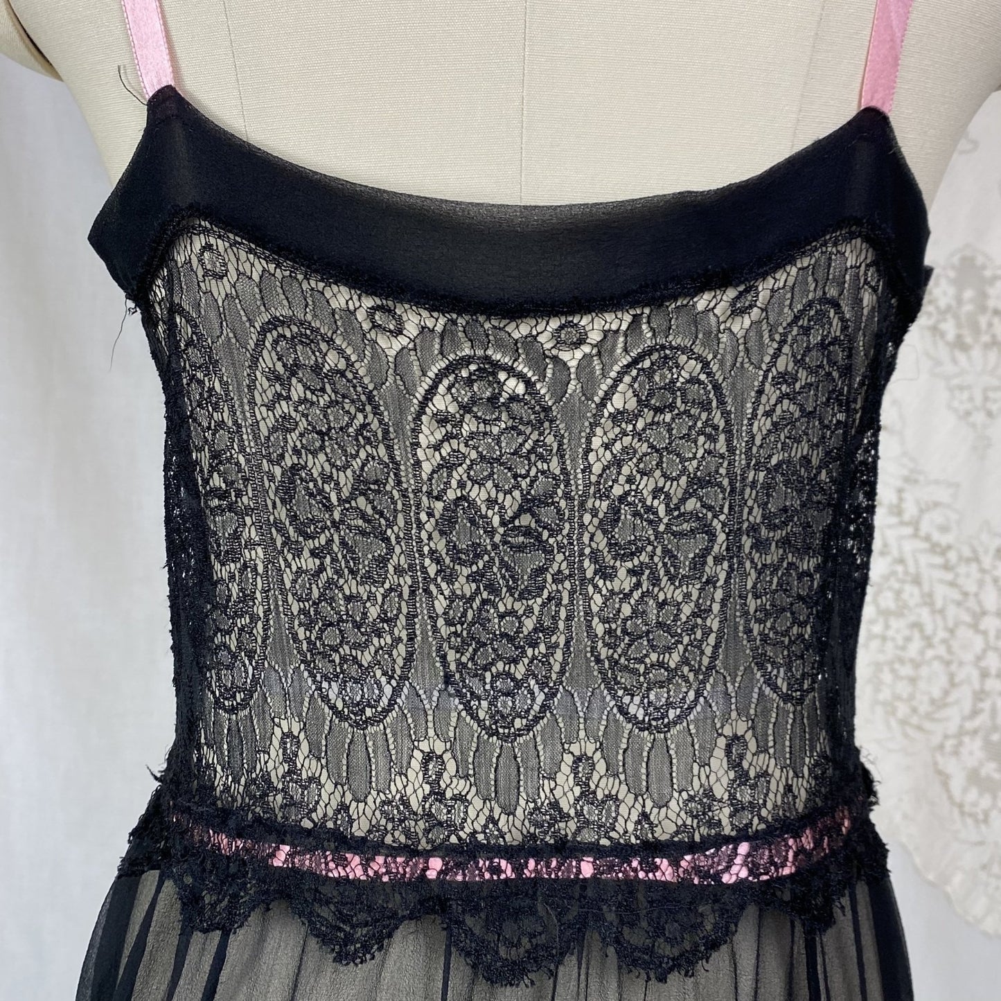 Antique 1920's Chemise Slip | Sheer Black Silk Chiffon with Chantilly Lace & Pink Ribbon | Size XS, S - Daggers & Dames