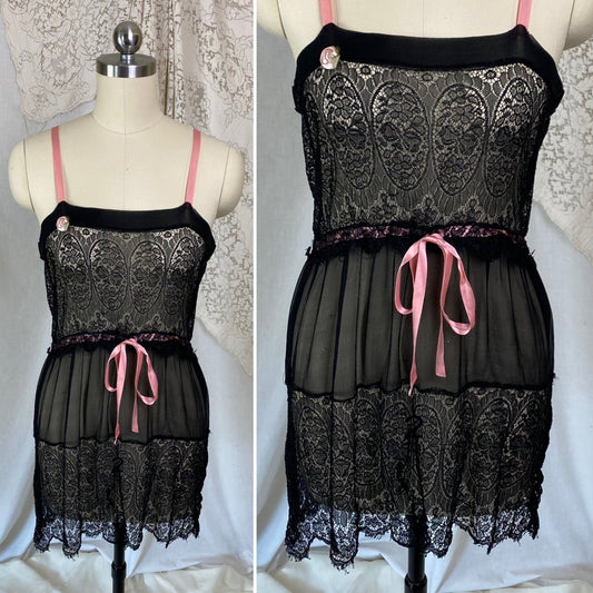 Antique 1920's Chemise Slip | Sheer Black Silk Chiffon with Chantilly Lace & Pink Ribbon | Size XS, S - Daggers & Dames