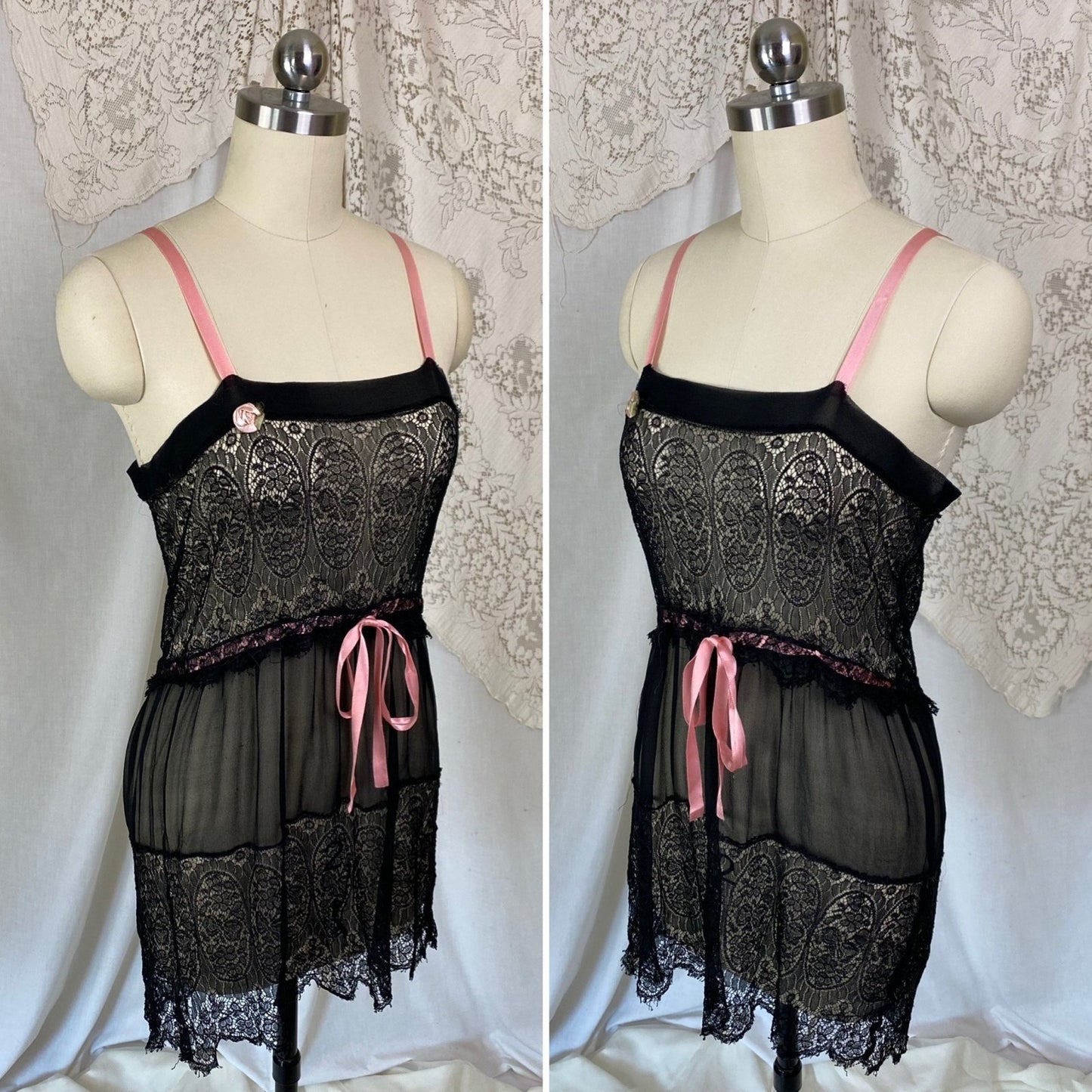 Antique 1920's Chemise Slip | Sheer Black Silk Chiffon with Chantilly Lace & Pink Ribbon | Size XS, S - Daggers & Dames