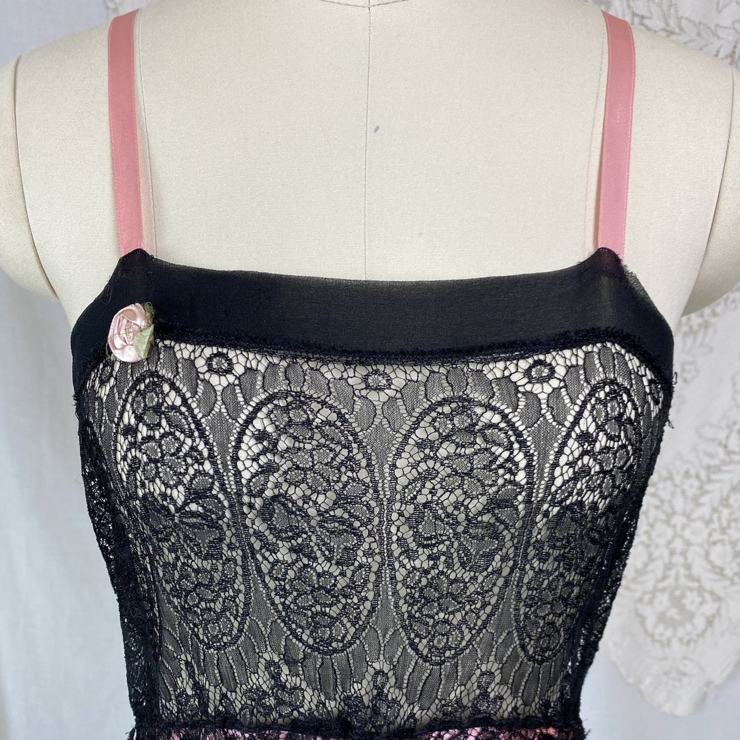 Antique 1920's Chemise Slip | Sheer Black Silk Chiffon with Chantilly Lace & Pink Ribbon | Size XS, S - Daggers & Dames