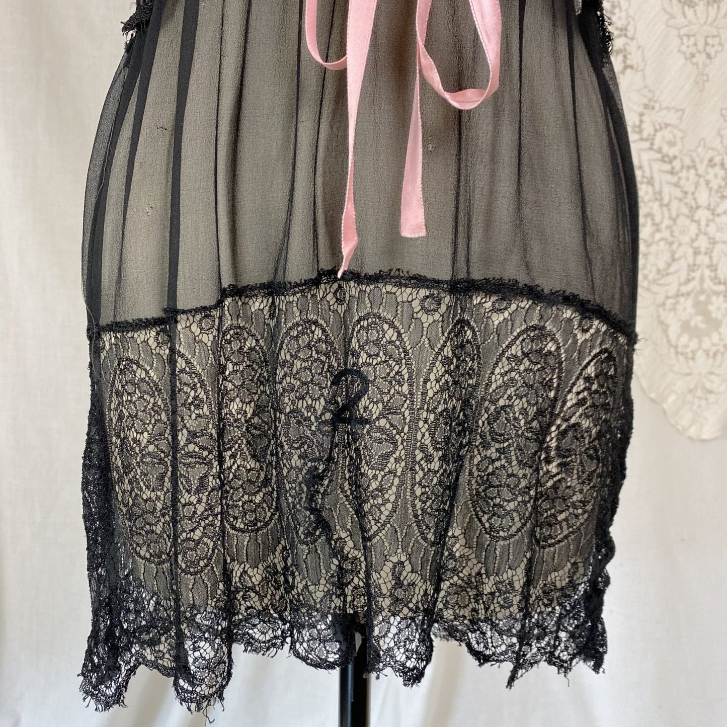 Antique 1920's Chemise Slip | Sheer Black Silk Chiffon with Chantilly Lace & Pink Ribbon | Size XS, S - Daggers & Dames