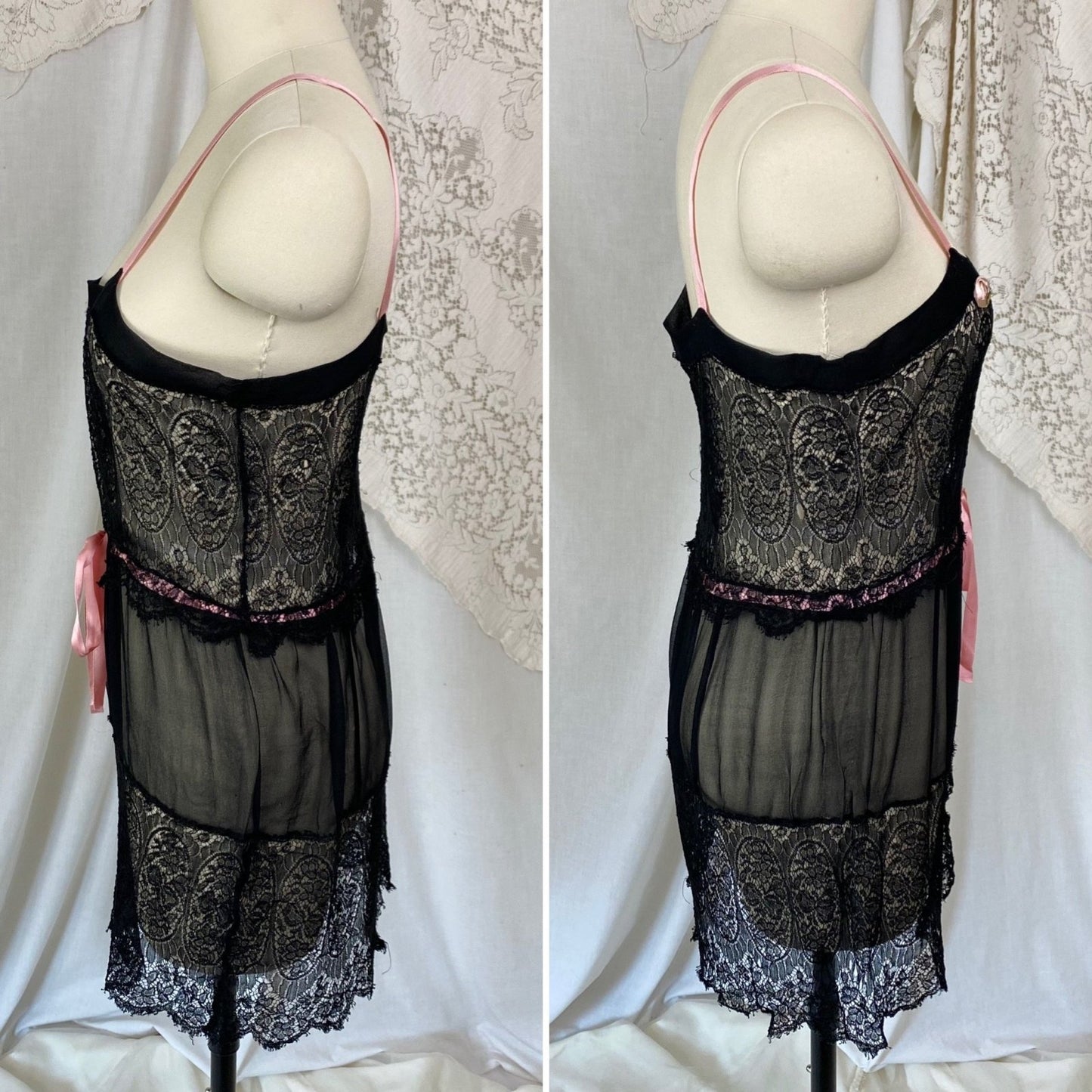 Antique 1920's Chemise Slip | Sheer Black Silk Chiffon with Chantilly Lace & Pink Ribbon | Size XS, S - Daggers & Dames
