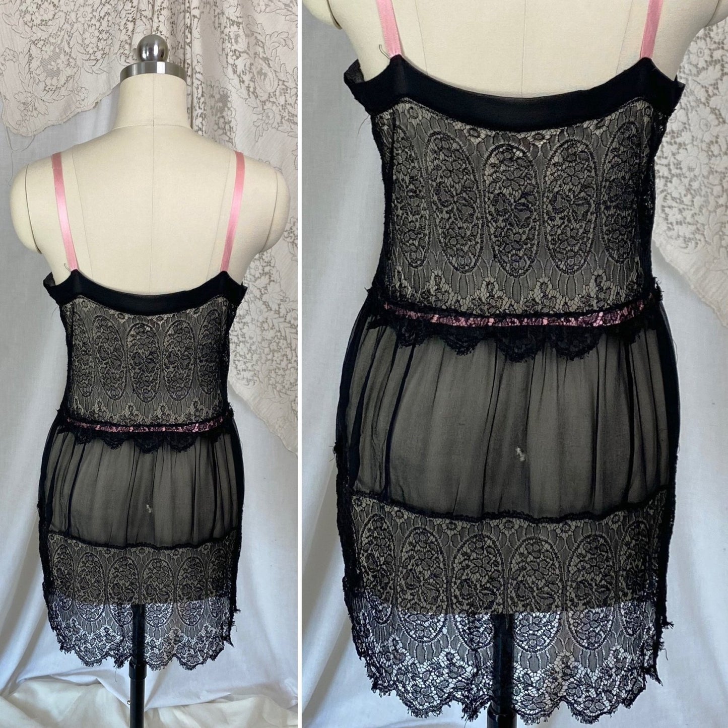 Antique 1920's Chemise Slip | Sheer Black Silk Chiffon with Chantilly Lace & Pink Ribbon | Size XS, S - Daggers & Dames