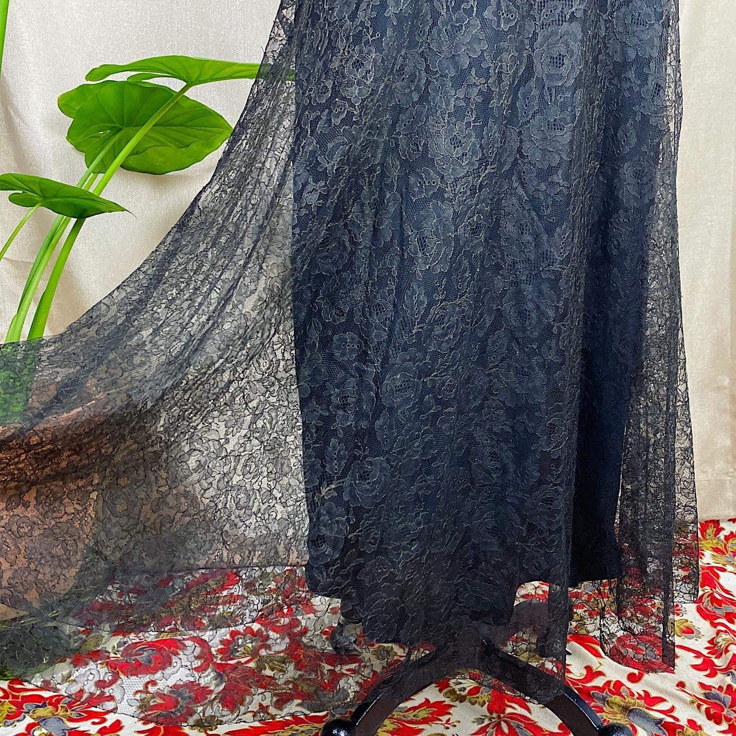Antique 1920's Dress & Jacket Set | Black Floral Chantilly Lace with Bell Sleeves and Nude Detail | Size M - Daggers & Dames
