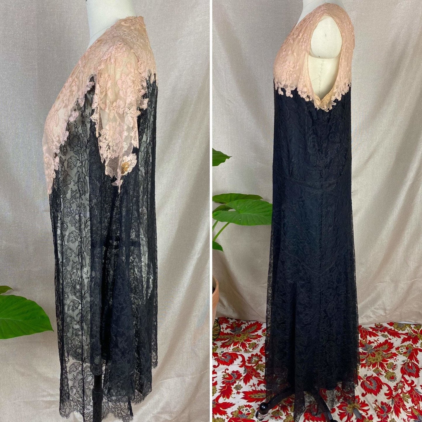 Antique 1920's Dress & Jacket Set | Black Floral Chantilly Lace with Bell Sleeves and Nude Detail | Size M - Daggers & Dames