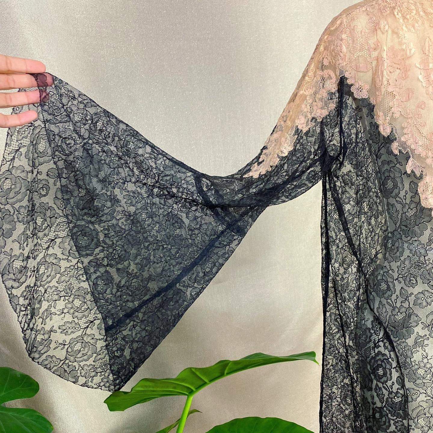 Antique 1920's Dress & Jacket Set | Black Floral Chantilly Lace with Bell Sleeves and Nude Detail | Size M - Daggers & Dames